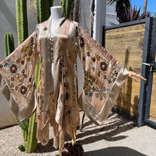 Load image into Gallery viewer, She rules her life like a bird in flight (Silk Floral Burnout Pink Beading on Camel)