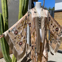 Load image into Gallery viewer, She rules her life like a bird in flight (Silk Floral Burnout Pink Beading on Camel)