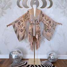 Load image into Gallery viewer, She rules her life like a bird in flight (Silk Floral Burnout Pink Beading on Camel)