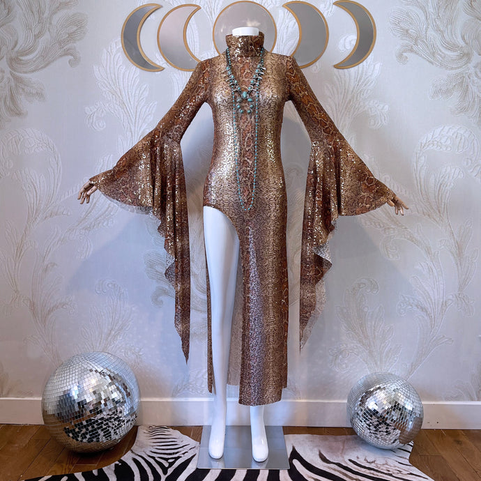 Snake Charmer Sequin Mesh High Slit Dress