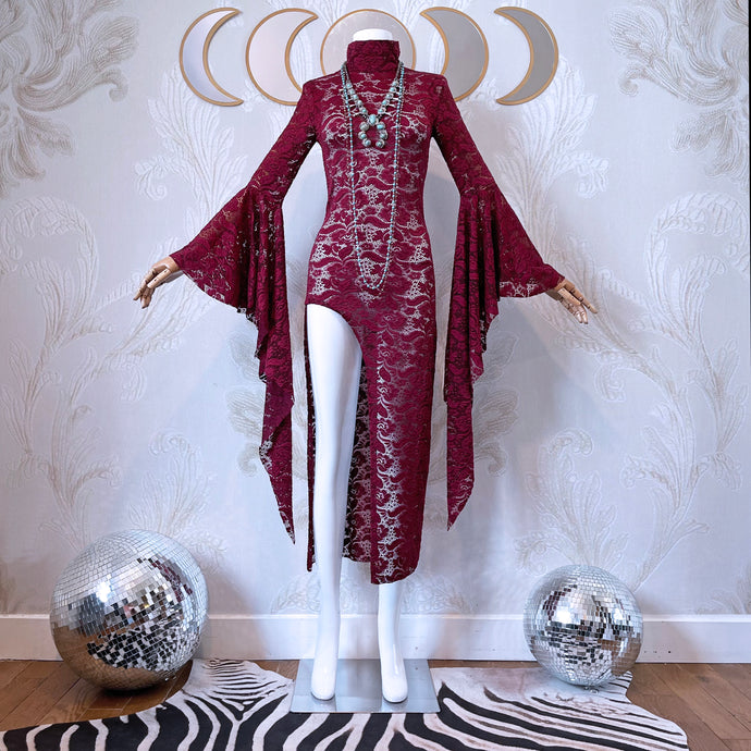 Rumours Burgundy Lace High Slit Dress
