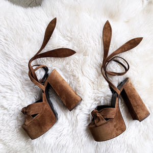 SAINT LAURENT Brown Suede Ankle Wrap Sandal