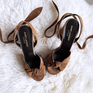 SAINT LAURENT Brown Suede Ankle Wrap Sandal
