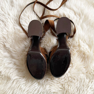 SAINT LAURENT Brown Suede Ankle Wrap Sandal