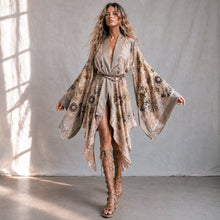 Load image into Gallery viewer, She rules her life like a bird in flight (Silk Floral Burnout Pink Beading on Camel)