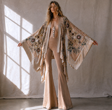 Load image into Gallery viewer, She rules her life like a bird in flight (Silk Floral Burnout Pink Beading on Camel)