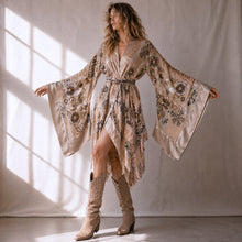 Load image into Gallery viewer, She rules her life like a bird in flight (Silk Floral Burnout Pink Beading on Camel)