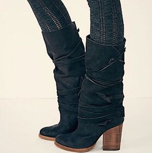 Free People Black Suede Royal Rush Wrap Wooden Heel Boots sz 37