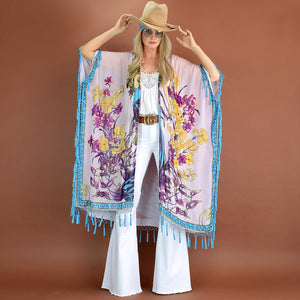 Ophelia ~ Beaded Caftan or Kimono with Tassels (Pale Pink Turquoise)