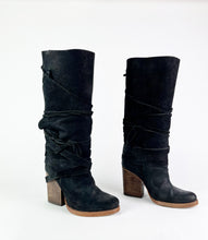 Load image into Gallery viewer, Free People Black Suede Royal Rush Wrap Wooden Heel Boots sz 37