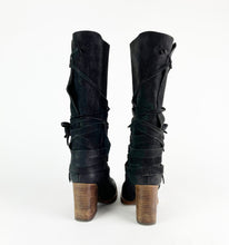 Load image into Gallery viewer, Free People Black Suede Royal Rush Wrap Wooden Heel Boots sz 37