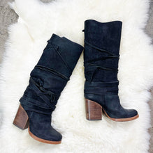 Load image into Gallery viewer, Free People Black Suede Royal Rush Wrap Wooden Heel Boots sz 37